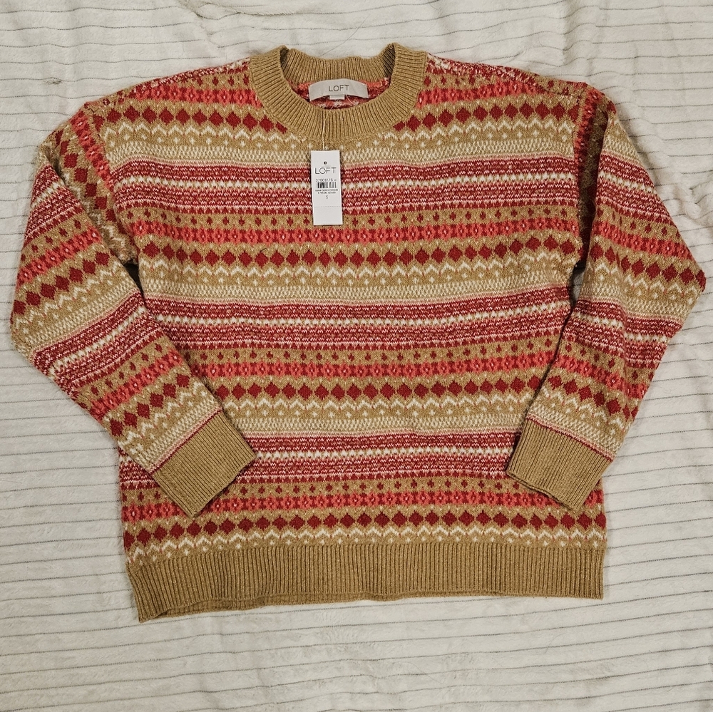 LOFT Red and Tan Patterned Fair Isle Crewneck Sweater